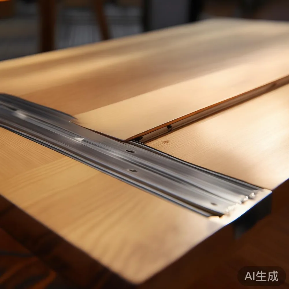 Close up of table joint showing dovetail and metal rails