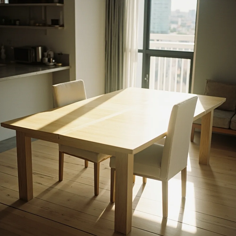 White oak extendable dining table half-open in a Singapore HDB dining area with afternoon sunlight.