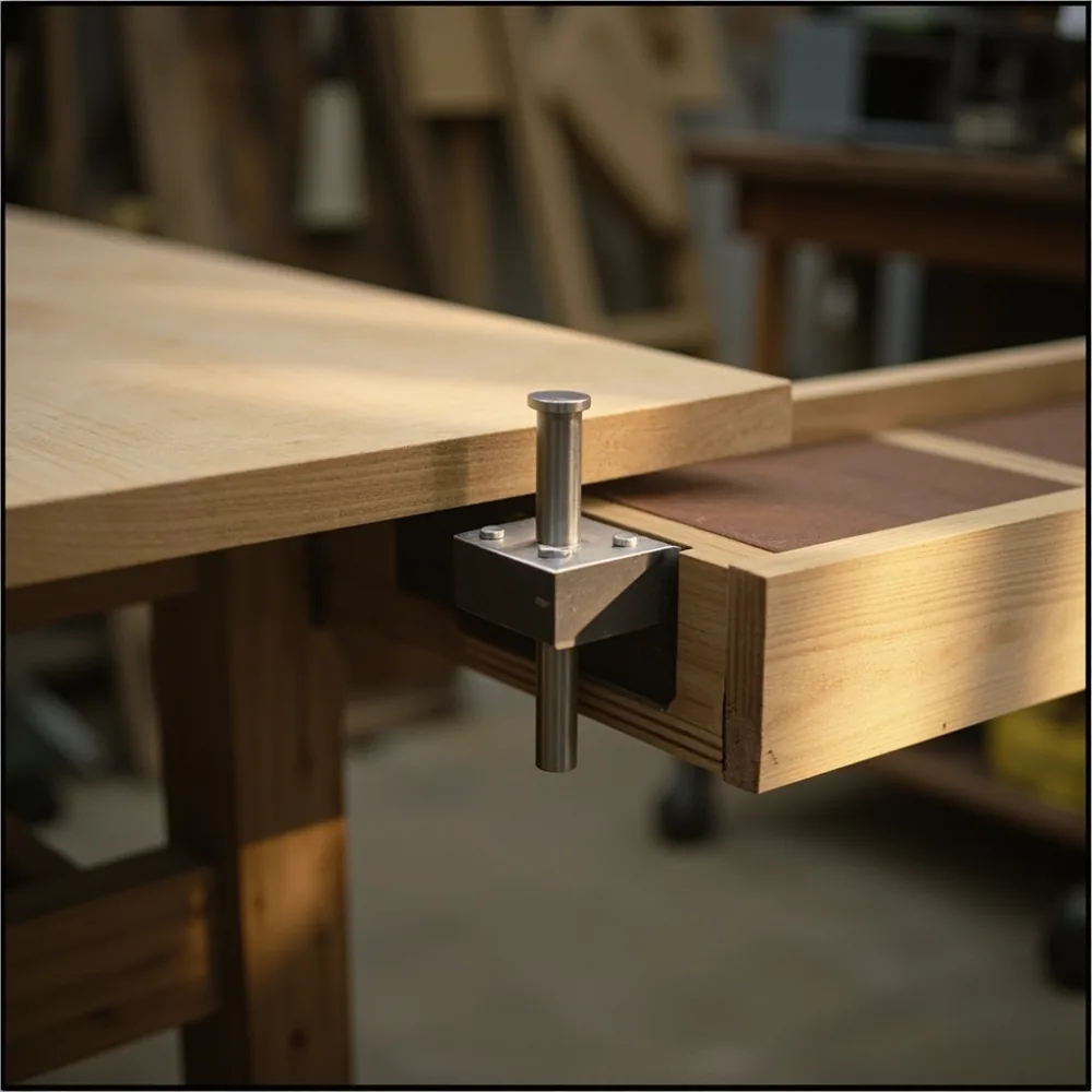 Close-up of a steel runner extension mechanism under a solid wood dining table top.