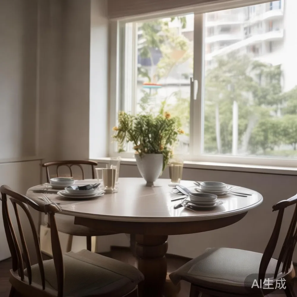 Round-to-oval extendable dining table seating four in a small Singapore condo dining nook.