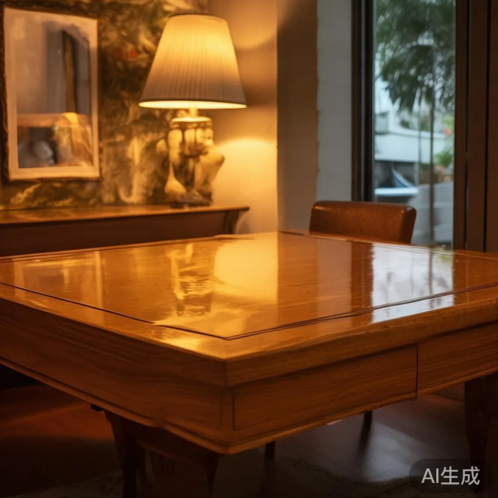 Caring for a Lacquered Extendable Table in a Tropical Climate: A Singa — room setting at dusk with warm lamp light, film 