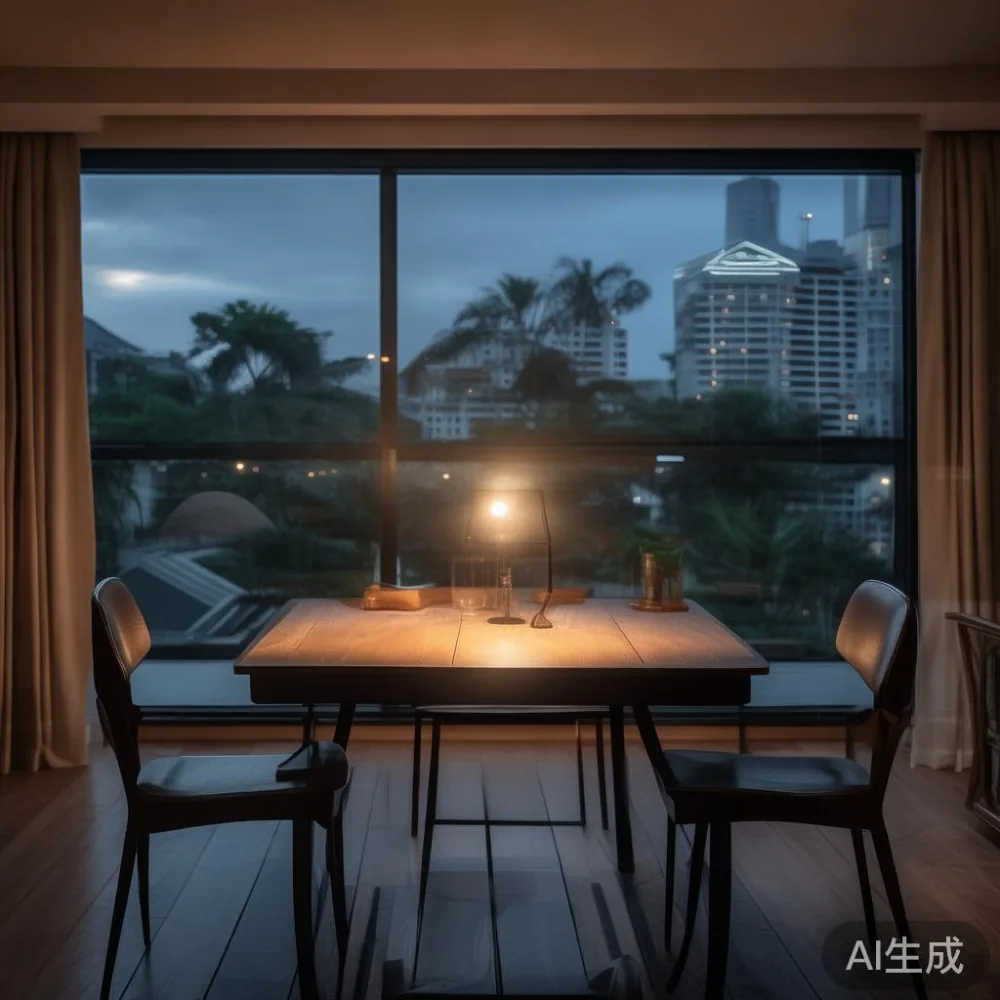 Styling a Small Singapore Apartment Around One Extendable Table: A Lig — room setting at dusk with warm lamp light, film
